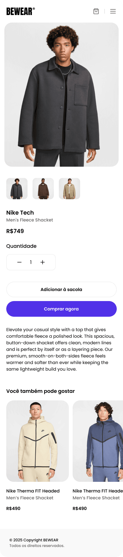 Produto mobile — detalhe da peça e CTA