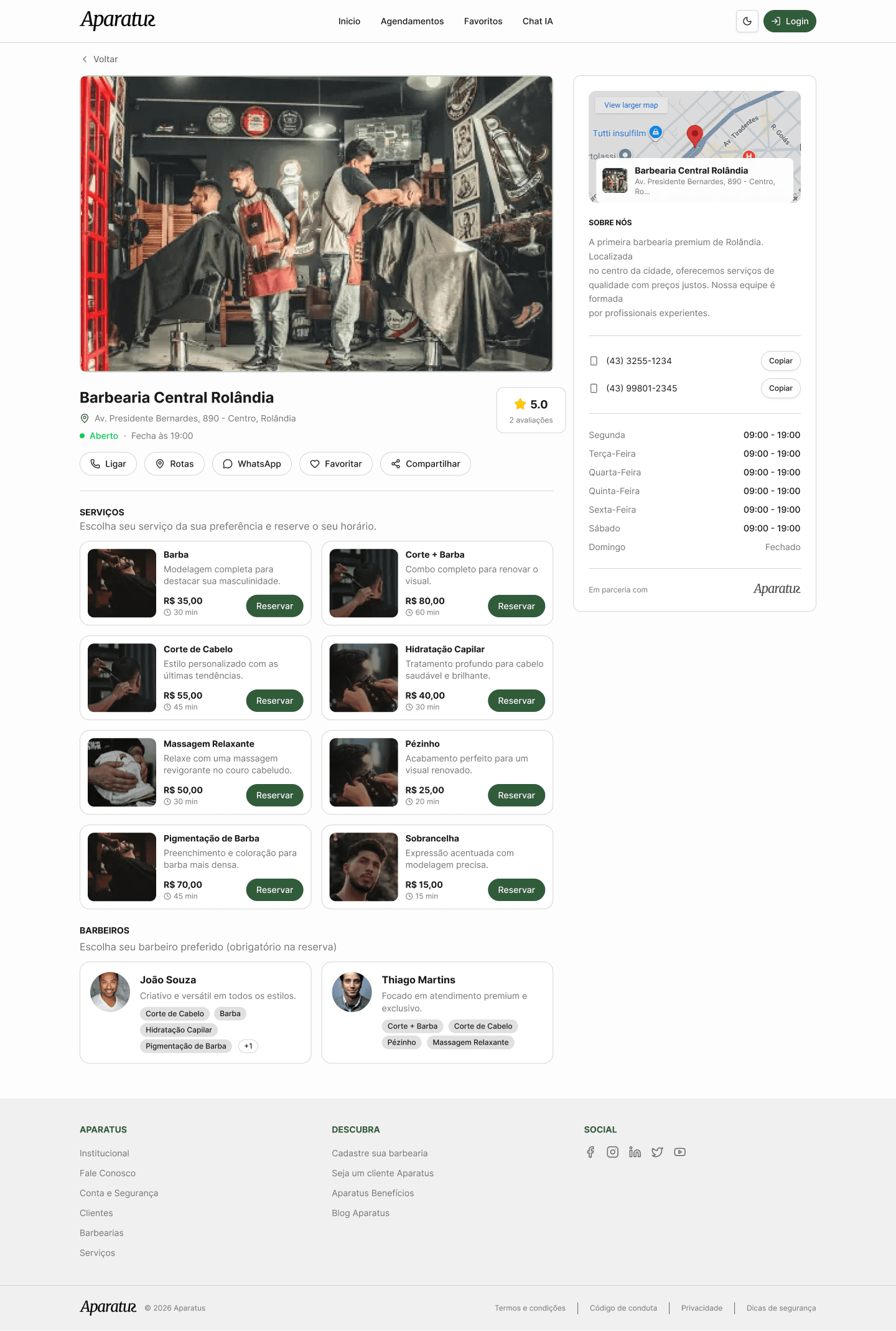 Barbearias — listagem e detalhe no desktop