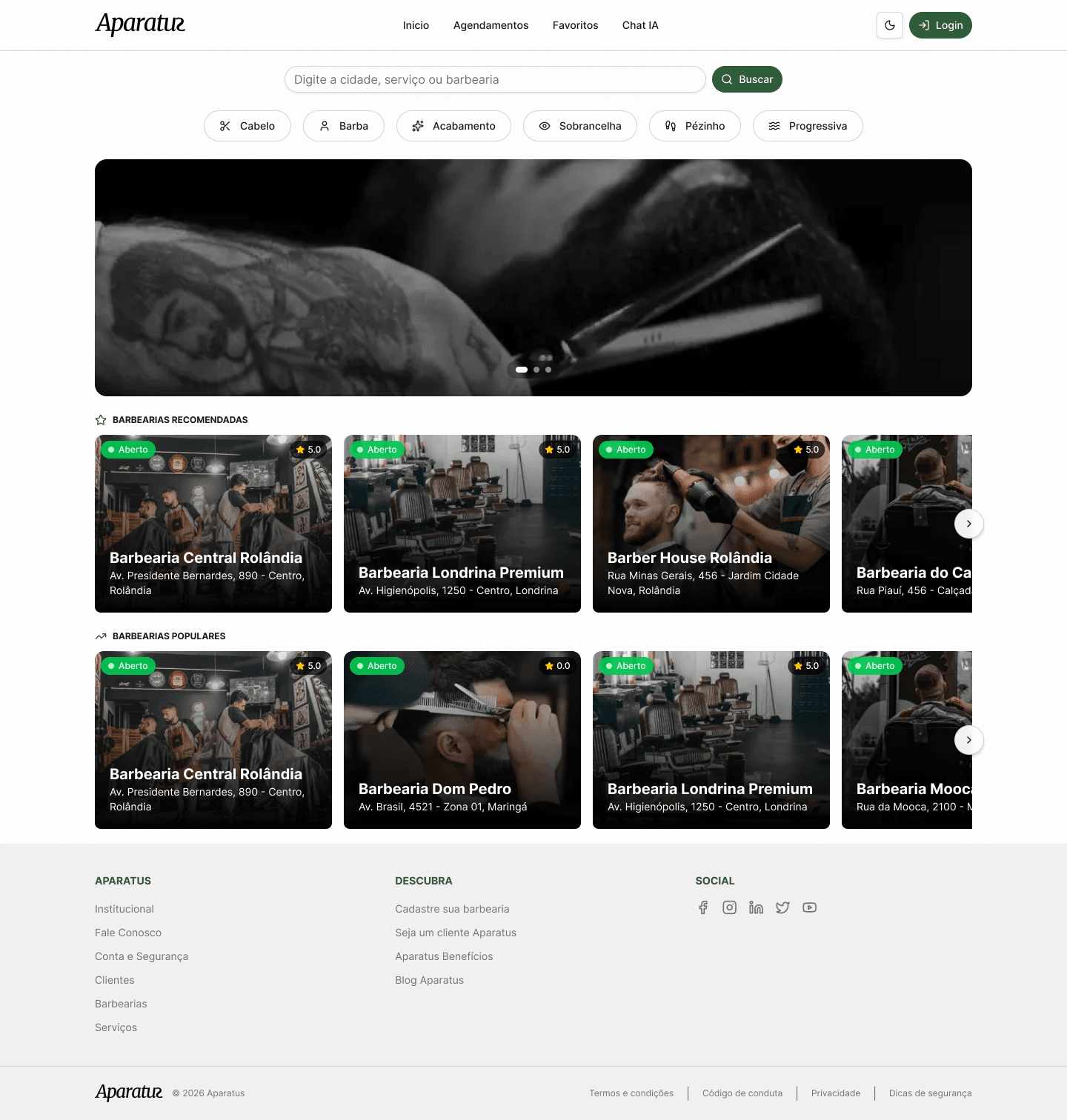 Home web — busca e descoberta de barbearias