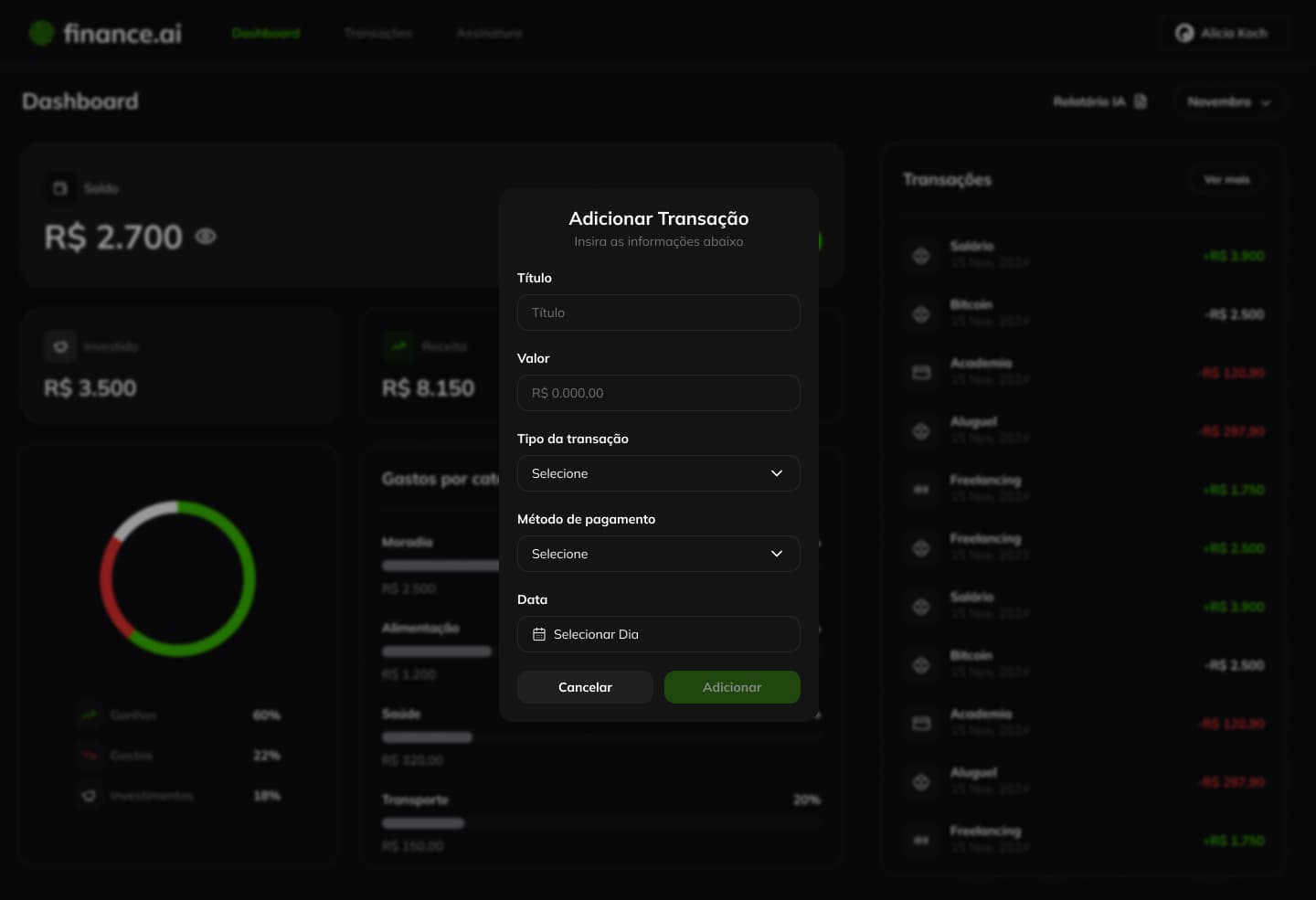 Adicionar transação — registro rápido e claro